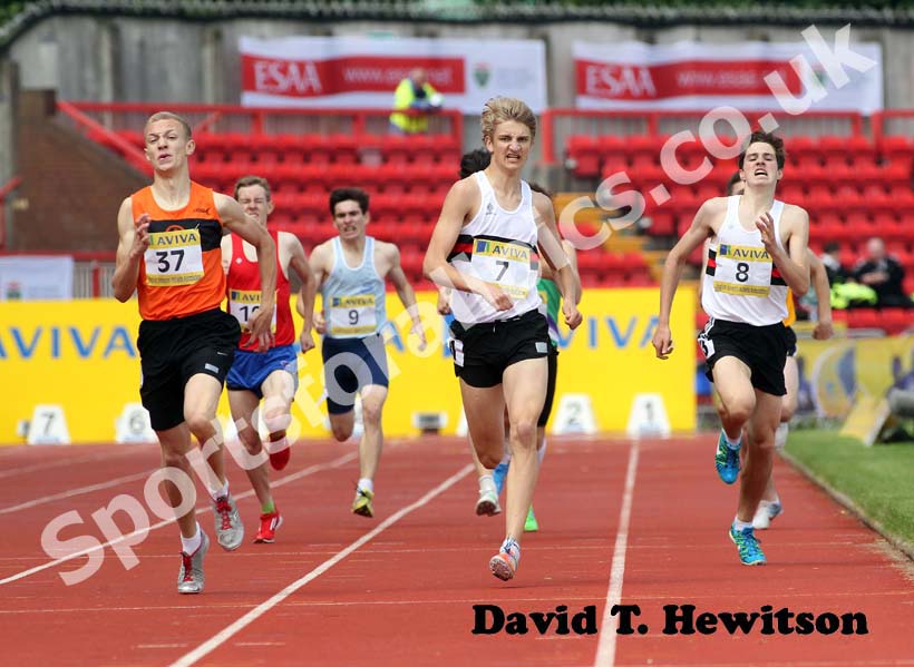 No 37 Kyle Langford (Herts) beats no 7 Patrick Taylor  and James McCarthy (both Bucks) in the Inter Boys 800 meters.